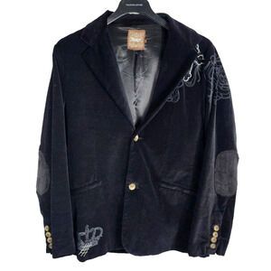 ROAR VELVET Blazer Jacket Mens Sz L Black Graphic Print Two Button Elbow Patch